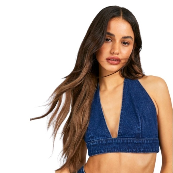 ✅ Boohoo Women’s Denim Bralette Sz 10/ Medium - Picture 1 of 3